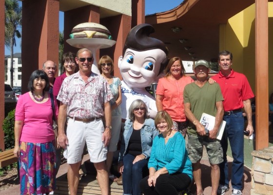 Pre-reunion lunch at Bob's Big Boy. L-R: Kathy Au Crosier, John Wray, Deanna Dugger, Sallie Shelton Thomas, Jim Ranshaw, Stephanie Llewellyn, Patty "Trish" Molloy Vosper, Annette Dinolfo Bennett, Tom Bennett, Craig Weber