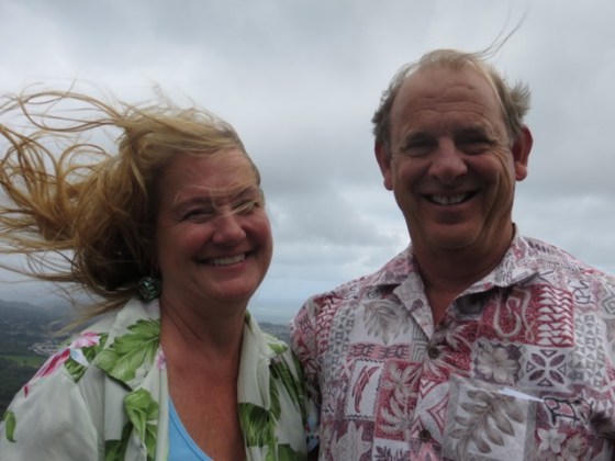 Jim and Patti Ranshaw at the Pali Lookout. Wow, it's windy up there!