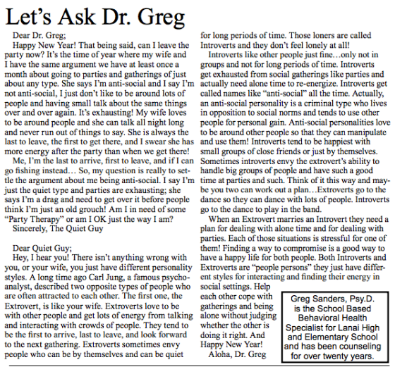Dr. Greg Sanders' latest column